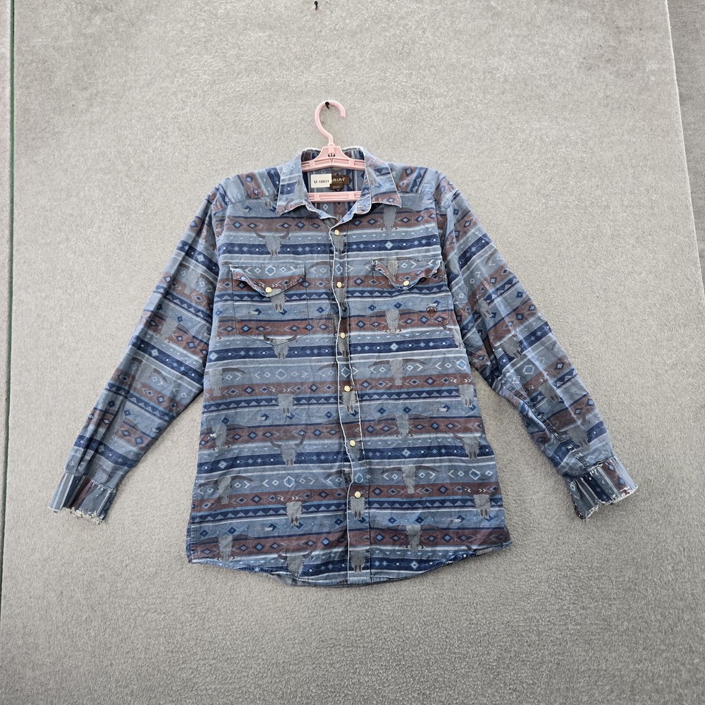Ariat Men Button Up Shirt M Blue Geometric Haddington Steer Skulls Western READ